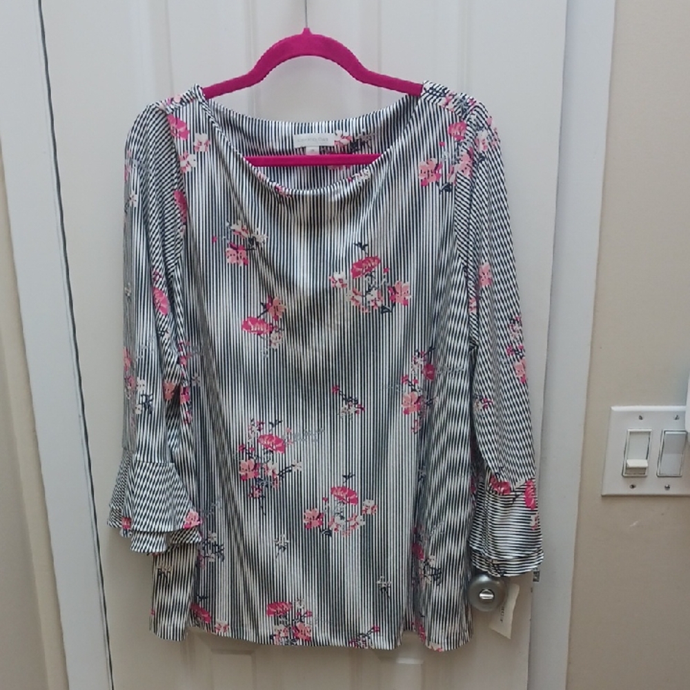 Charter Club Black and Pink Floral Striped Blouse